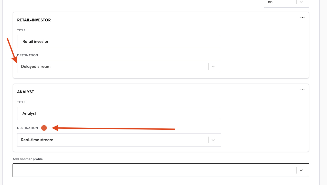 Setting each profile's destination: delayed stream or real-time stream
